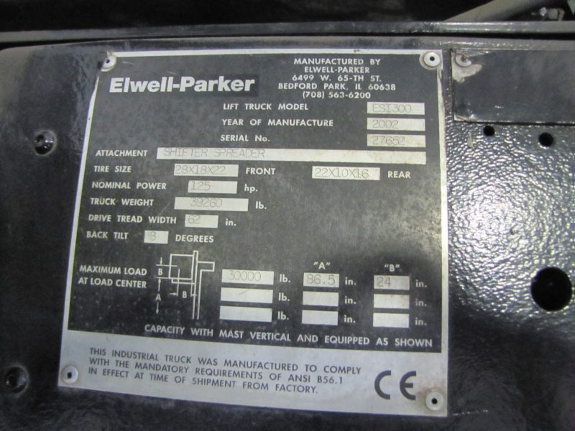 Elwell-Parker Model ESI300 30,000 LBS. LP FORKLIFT, Capacity 30,000 LBS., Load Center 24” - Image 9 of 9