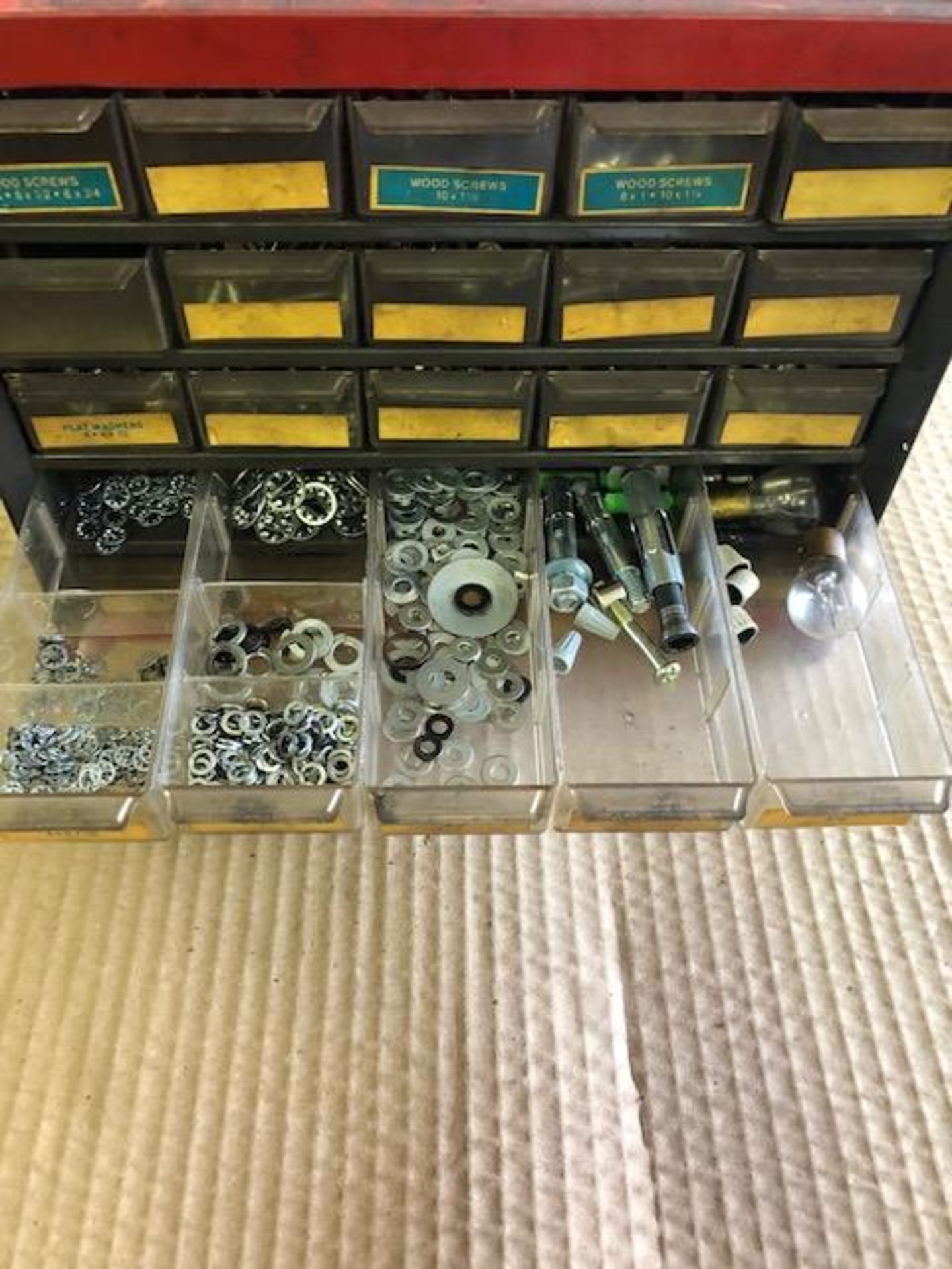 Cabinet of Misc. screws, rubber washers, bolts, split washers, tooth washers, springs and cotter - Image 4 of 8
