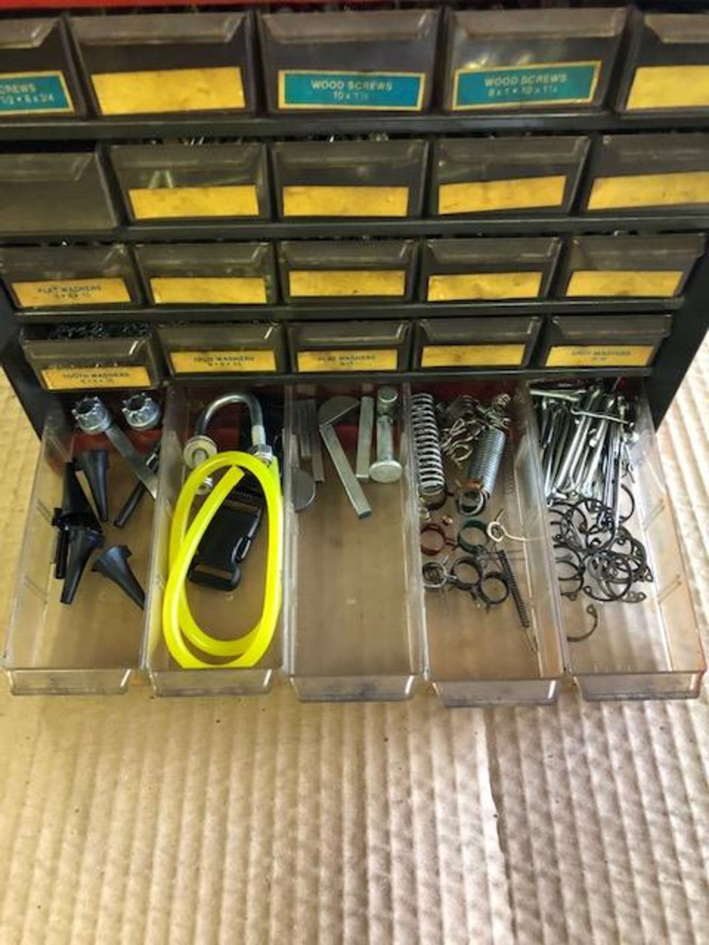 Cabinet of Misc. screws, rubber washers, bolts, split washers, tooth washers, springs and cotter - Image 5 of 8