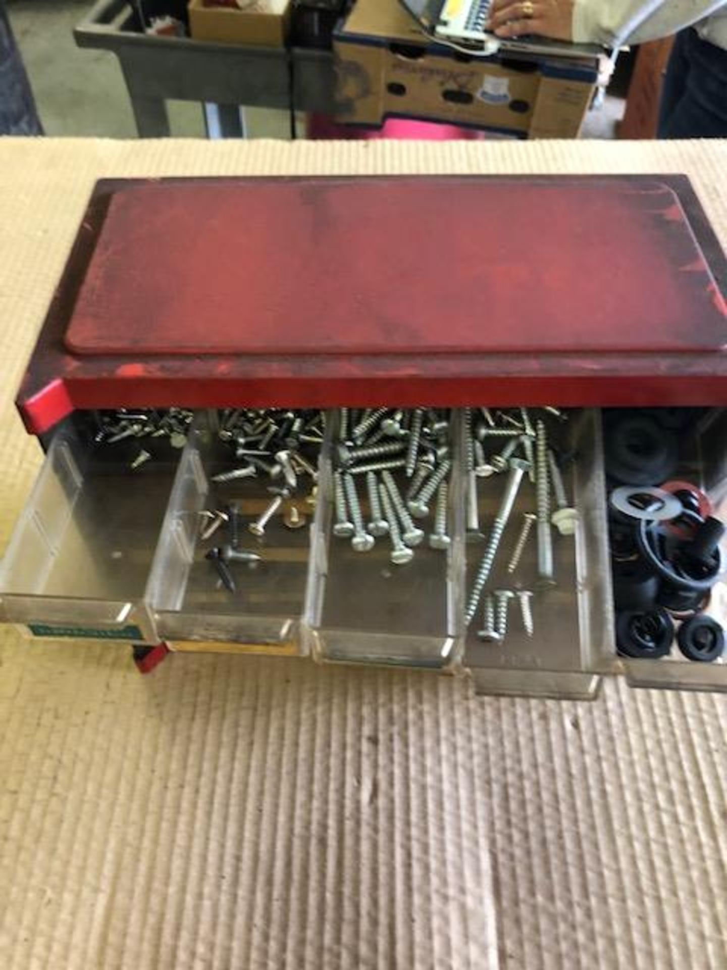 Cabinet of Misc. screws, rubber washers, bolts, split washers, tooth washers, springs and cotter