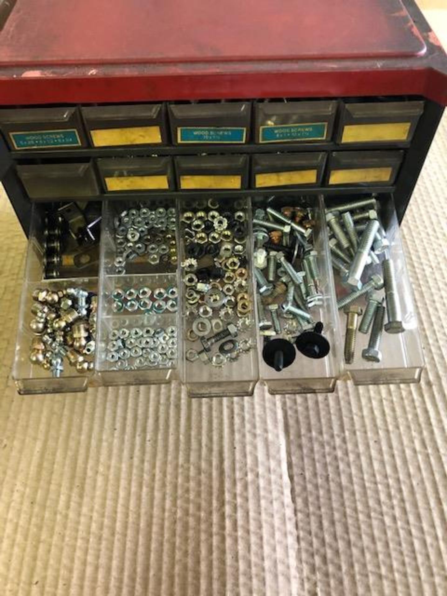 Cabinet of Misc. screws, rubber washers, bolts, split washers, tooth washers, springs and cotter - Image 3 of 8