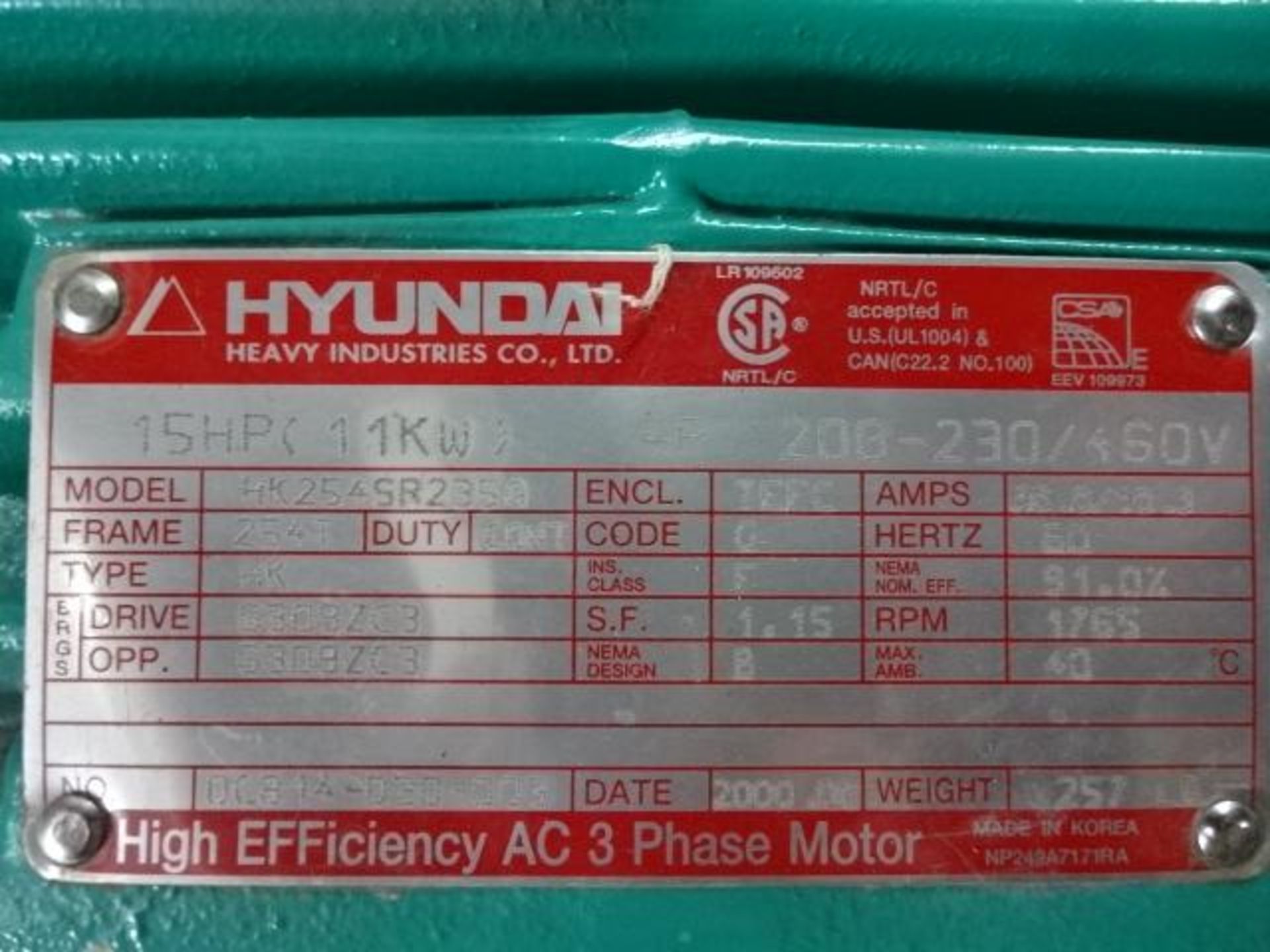 hyundai motor 208/230/460/15 hp 1750 rpm *NEW - Image 2 of 2