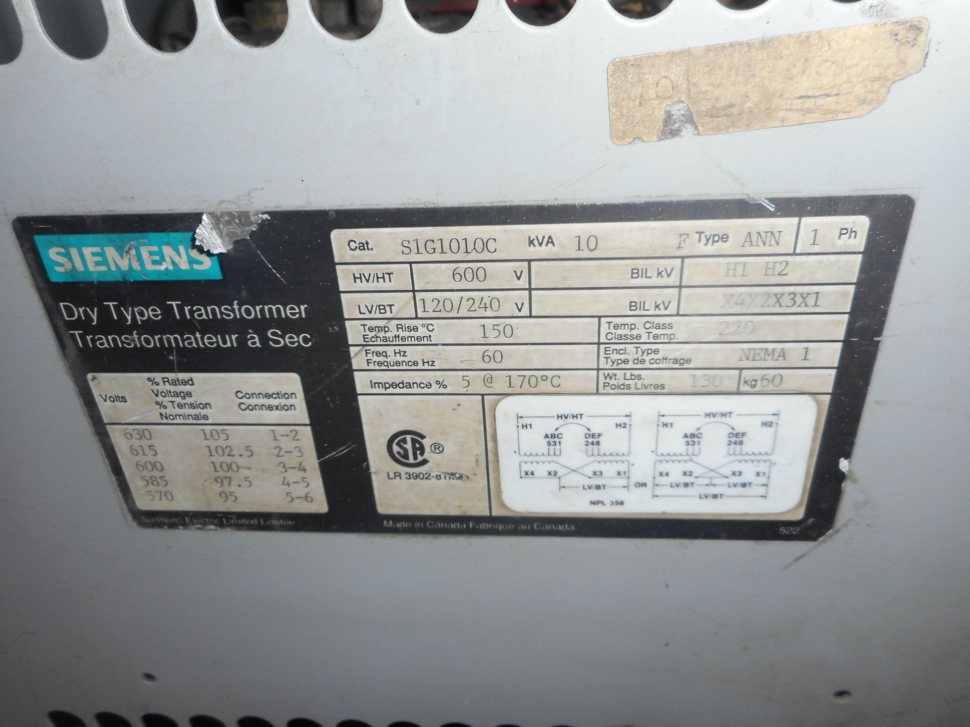 SIEMENS DRY TYPE TRANSFORMER 10kVA 600/120/240 - Image 2 of 2