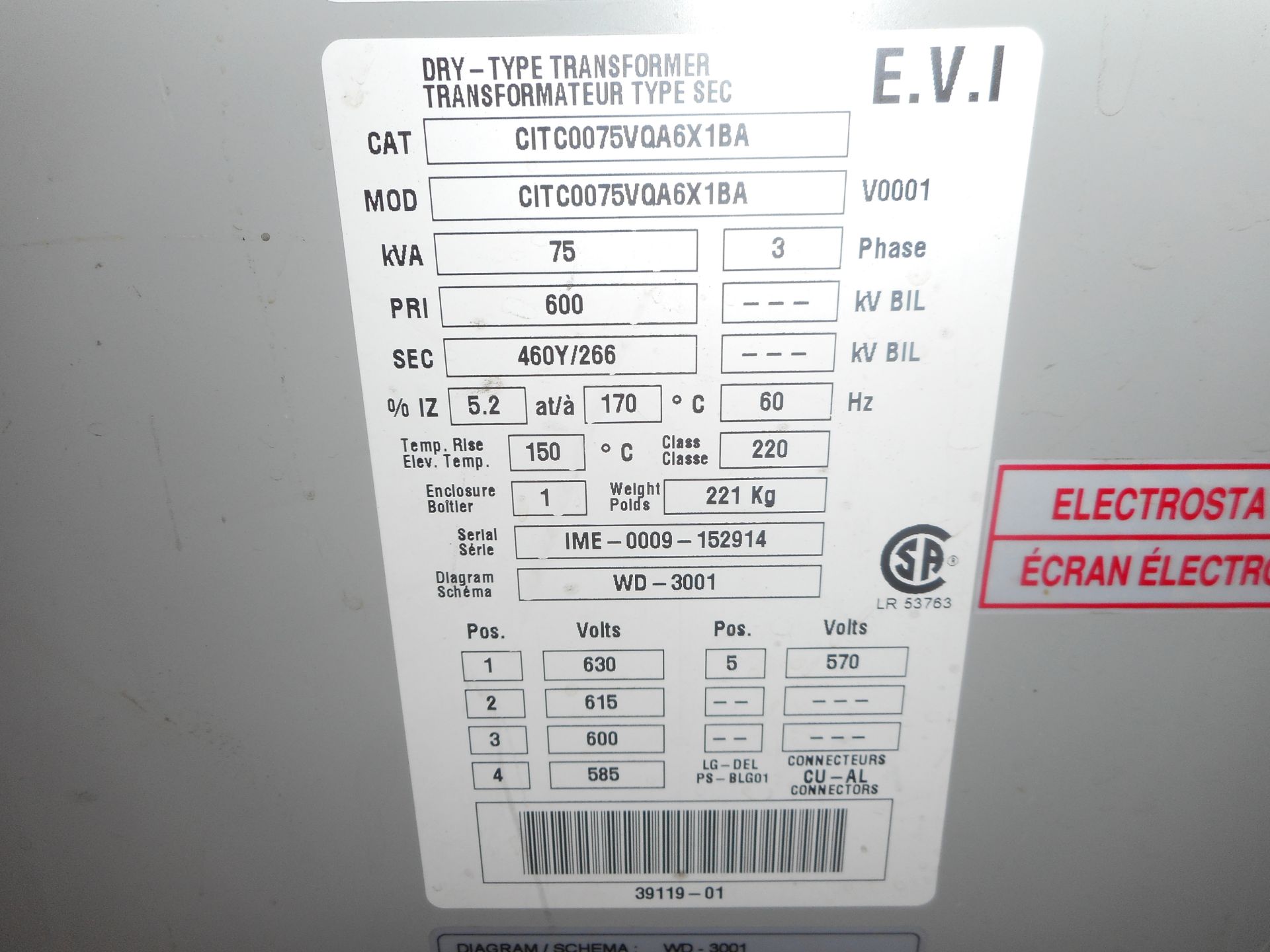 Transformer 75 KVA /600/460/256 - Image 2 of 2