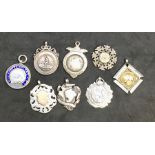 Selection of 8 Antique Silver Watch Chain Fobs includes table tennis cricket Football etc all have