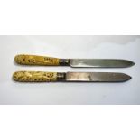 2 Antique carved ivory burmese knife handles on later blades handles 19th century on later blades ap