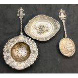 3 dutch silver items includes tea strainer pin dish and spoon all have dutch silver hallmarks