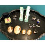 Selection of silver jewellery and cameos includes earrings , rings and 4 cameo brooches