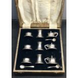 Antique Boxed Silver 9 pIece Cruet Set 3 salts mustard and pepper pots with blue glass liners