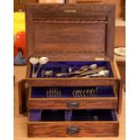 Large Antique Oak Cutlery Box with some silver plate contents.