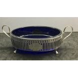 Large Antique Dutch two Handled Silver and Blue Cobalt Glass Oval Bowl