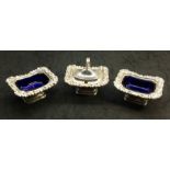 Ornate Heavy silver Mustard and Salts with blue glass liners