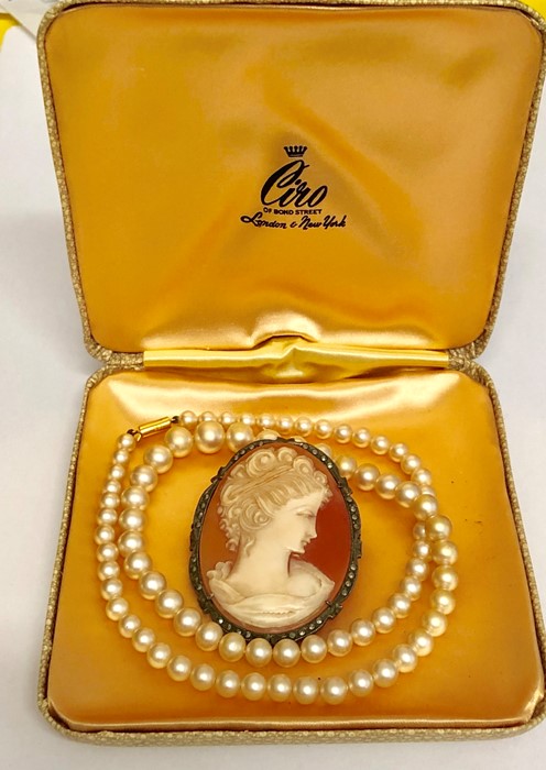 Vintage silver mounted cameo brooch and 9ct gold mount Ciro pearls