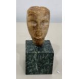 Ancient Arabian carved alabaster head on onyx base possibly saudi or yeman head approx 7cm tall