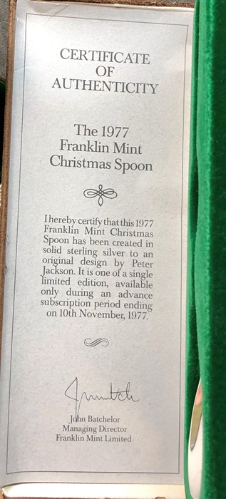 3 silver collectors christmas spoons 1977 by franklin mint and john pinchers all boxed - Image 3 of 4