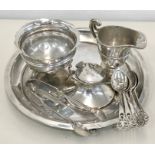 Collection of hallmarked silver items includes inkwell (filled) tray ,milk jug ,spoons etc total wei