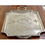 Large Victorian silver plated double handle serving tray measures approx 73cm from handle to handle