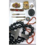 Box of antique and vintage jewellery includes 9ct gold ring jet ,coral necklace toothpick etc