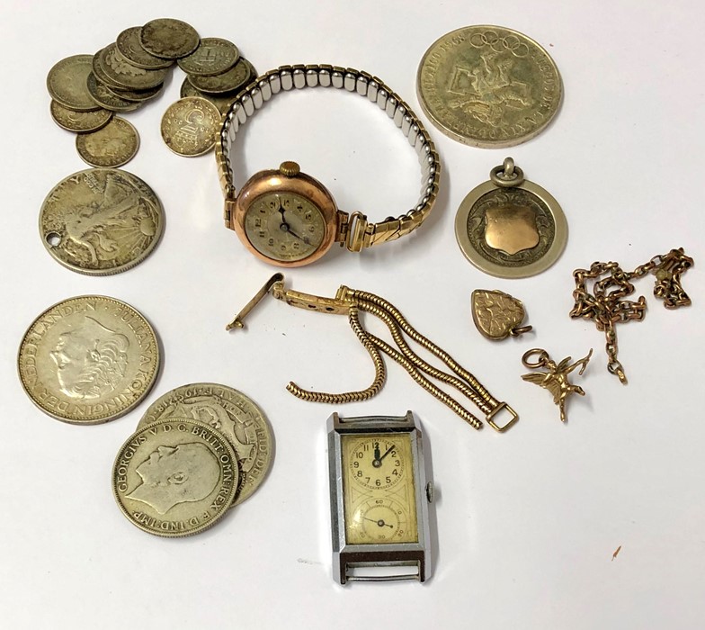 Tin of misc items includes 9ct gold ladies watch ,silver coins etc - Image 2 of 4