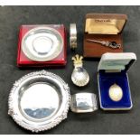 Collection of silver items includes 2 small bowls caddy spoon ,napkin ring Scottish pin brooch etc
