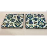 Pair 17th century islamic demascus tiles each measure approx 26cm square