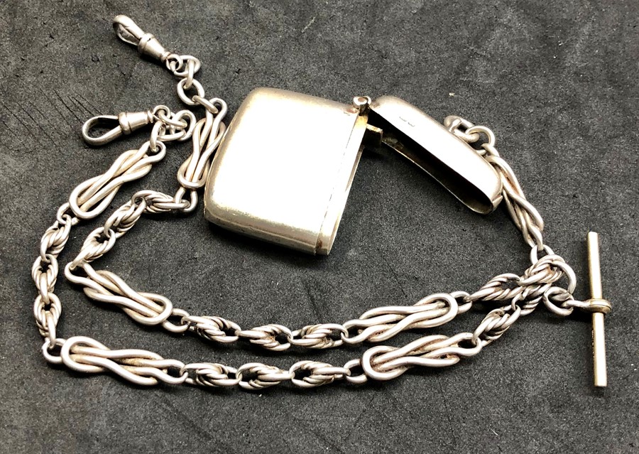 Fancy link victorian silver double Albert pocket watch chain and vesta case hallmarked on links whit - Image 5 of 6