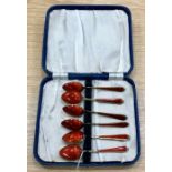 set of 6 silver and enamel spoons