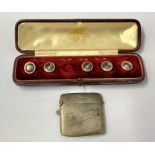Antique silver vesta case and a boxed stud box 18ct gold backed shell frontwith seedpearl centre mis