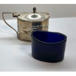 Antique silver mustard pot blue glass liner