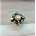 Antique rose diamond pearl and turquoise ring head looks to have been adapted from an early piece of