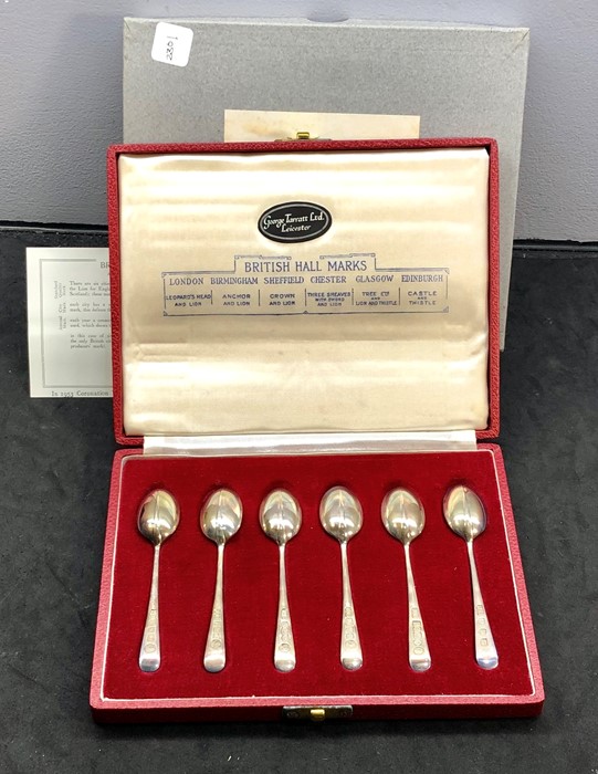 Boxed set of original 1953 coronation year spoons sold by george tarratt ltd