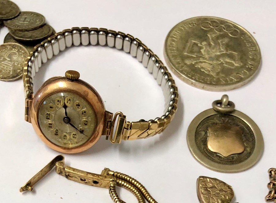 Tin of misc items includes 9ct gold ladies watch ,silver coins etc - Image 3 of 4