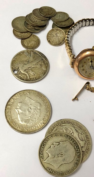 Tin of misc items includes 9ct gold ladies watch ,silver coins etc - Image 4 of 4