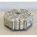 19th /20th century Highly decorative Indian Carved soap stone box measures approx 16.5cm dia and 6cm