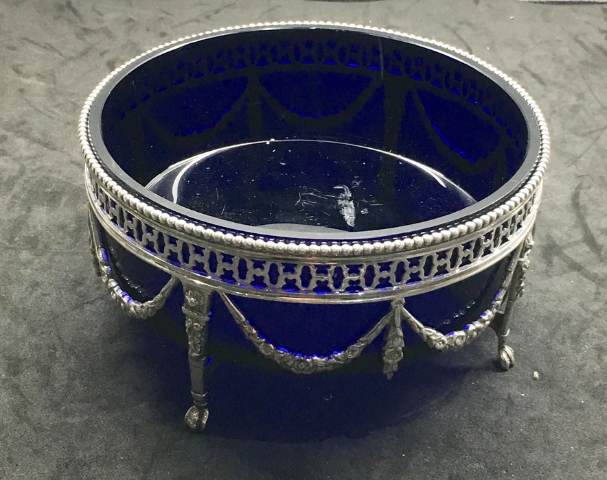 Large Antique Dutch Silver and Blue Cobalt Glass Oval Bowl