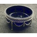 Large Antique Dutch Silver and Blue Cobalt Glass Oval Bowl