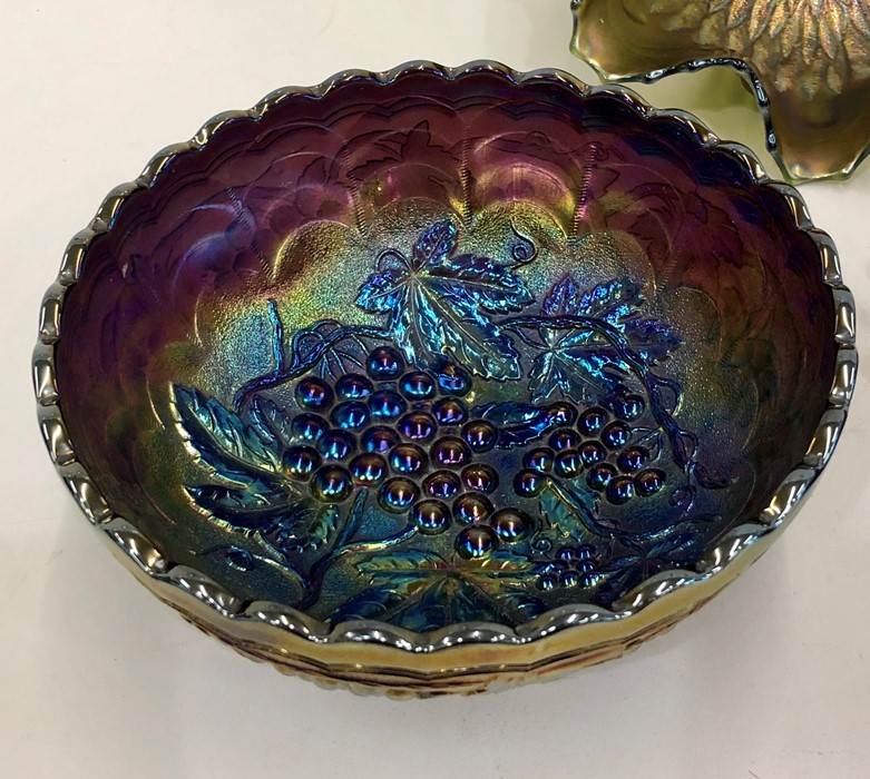3 dark Carnival glass bowls dark blue with grapesand vines ,thistles and leaf pattern designes all i - Image 2 of 4