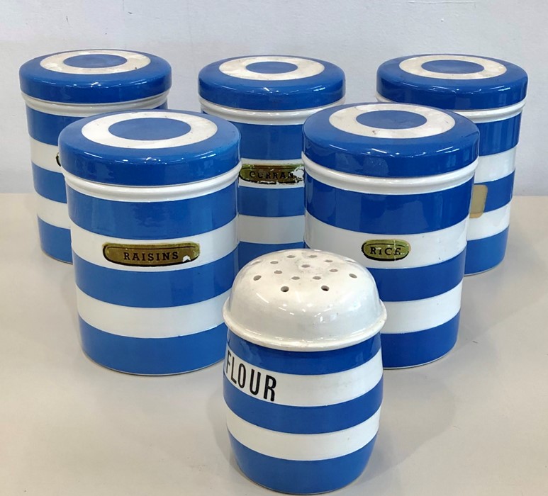 Selection TG Green Cornish ware blue and white stripes includes 5 lidded jars and flower shifter al