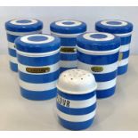 Selection TG Green Cornish ware blue and white stripes includes 5 lidded jars and flower shifter al