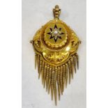 Fine Victorian Enamel seed-pearl pendant set in yellow metal measures approx 8cm drop by 3.3cm wide