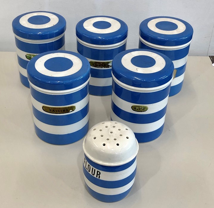 Selection TG Green Cornish ware blue and white stripes includes 5 lidded jars and flower shifter al - Image 2 of 3