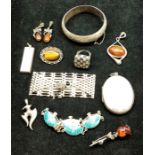 Collection of vintage silver jewellery includes bracelet bangle amber earrings and pendant etc