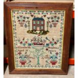 Large Framed antique sampler by Elizabeth hopkins aged 16years dated 1903 measures approx 25ins by 2