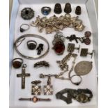 Box of antique and vintage silver jewellery includes thimbles ,charm bracelet, rings ,earrngs ,chai