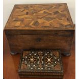 Mahogany sewing box with marquetry top and marquetry box and content