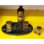 Collection of vintage writing items includes silver top inkwell marble base ink stand and a old ston