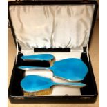 Boxed silver and enamel brush set Birmingham silver hallmarks