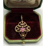 Antique 15ct gold seed pearl and pink stone set pendant hallmarked on back 15ct measures approx 40m