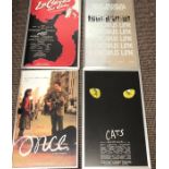 4 Vintage framed theatre posters to include Cats, Chorus line, Le cage any foles and Once Broadway