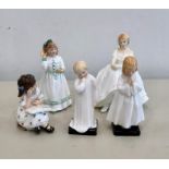 5 Royal Doulton figures includes darling ,bedtime,storytime ,hello daddy missing telephone and heath